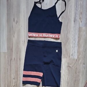 Hurley Navy and Coral Crop and Shorts Active Set